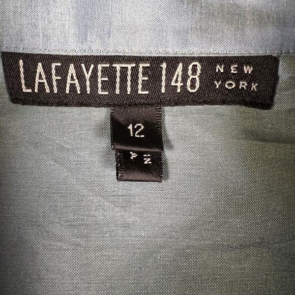 Lafayette 148 New York 100% Silk Iridescent Teal Crystal Button Blouse Size 12 - Picture 7 of 10
